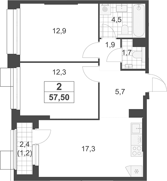 Планировка: Евротрёшка 56,3 м² в ЖК «Южные сады»
