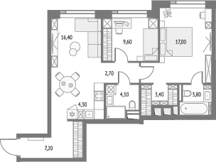 Планировка: Евротрёшка 68,5 м² в ЖК «Апсайд Тауэрс»