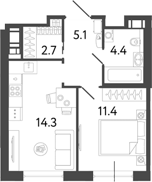 Планировка: 1-комнатная квартира 37,9 м² в ЖК «Передвижники 2»