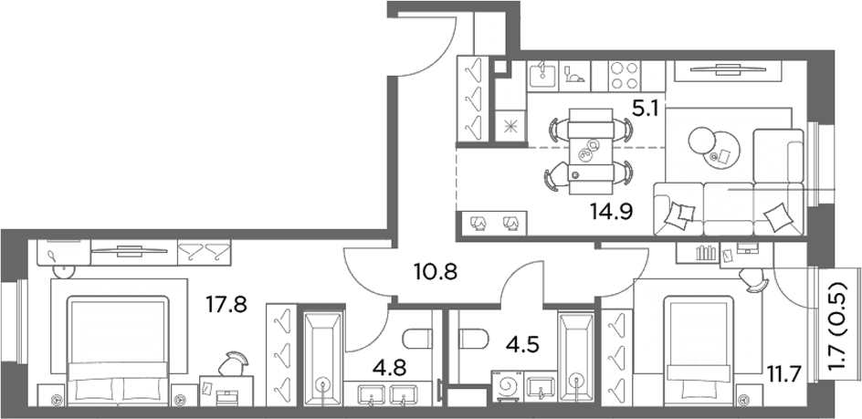 Планировка: Евротрёшка 69,6 м² в ЖК «Станиславский»