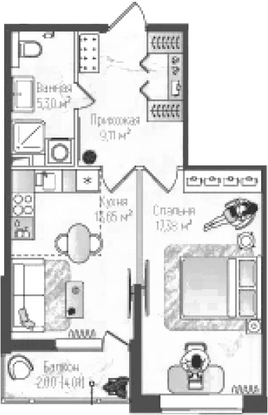 Планировка: 1-комнатная квартира 45,4 м² в ЖК «Рига Хиллс»