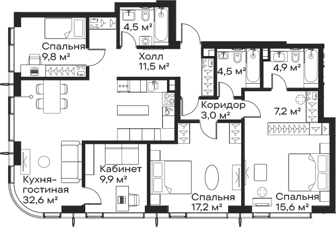 Планировка: Квартира евро-5 120,7 м² в ЖК «Сити Бэй»