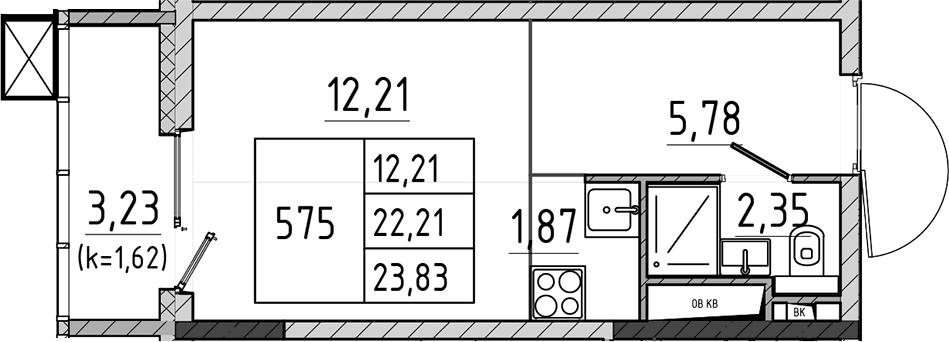 Планировка: Студия 22,2 м² в ЖК «Поварово-Молодежный-2»