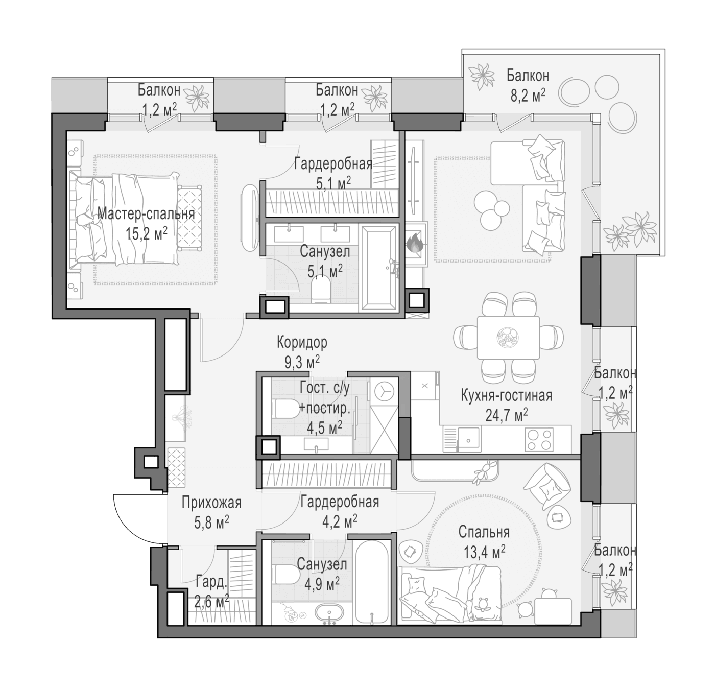 Планировка: Евротрёшка 91,7 м² в ЖК «Квартал Тишинский бульвар»