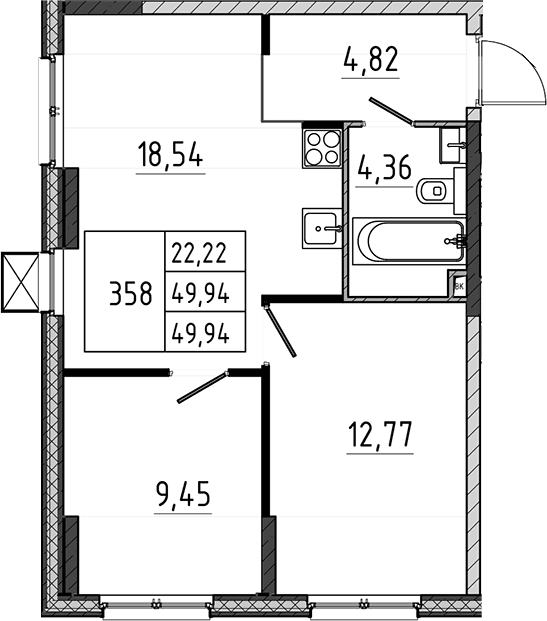 Планировка: Евротрёшка 49,9 м² в ЖК «Поварово-Молодежный-2»