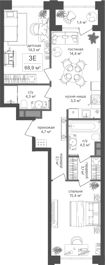 Планировка: Евротрёшка 66,1 м² в ЖК «Михалковский»