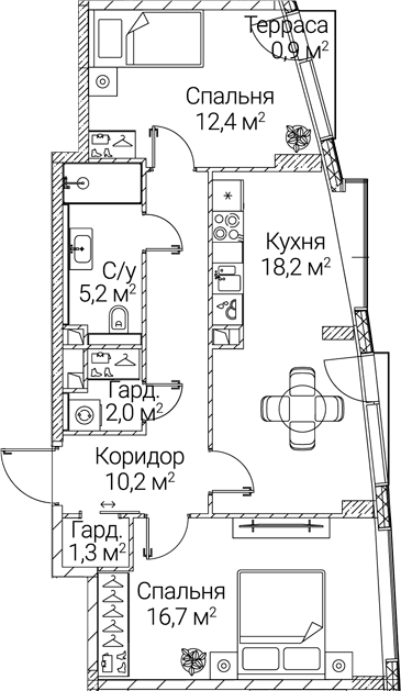 Планировка: 2-комнатная квартира 66 м² в ЖК «СЕЗАР БУДУЩЕЕ»
