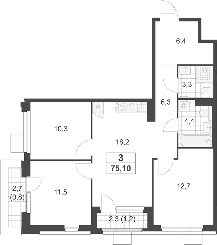 Планировка: Квартира евро-4 73,1 м² в ЖК «Южные сады»