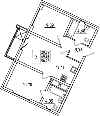 Планировка: Евротрёшка 49,7 м² в ЖК «Южный Форт»