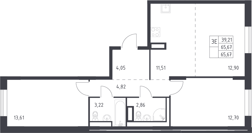 Планировка: Евротрёшка 65,7 м² в ЖК «Квартал Лаголово»