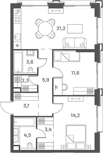 Планировка: Евротрёшка 70,4 м² в ЖК «Портленд»