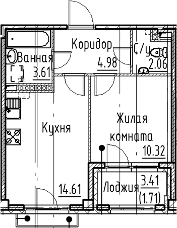 Планировка: Евродвушка 35,6 м² в ЖК «Кронфорт»