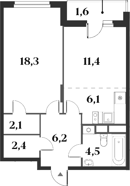 Планировка: Евродвушка 51 м² в ЖК «Миниполис 8 Кленов»