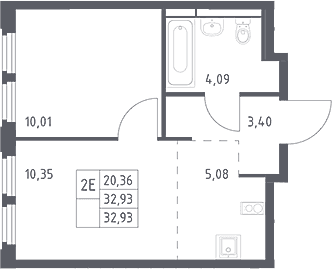 Планировка: Евродвушка 32,9 м² в ЖК «Космический Квартал»
