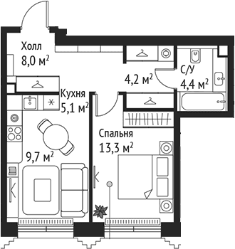 Планировка: Евродвушка 44,7 м² в ЖК «СЕТ»