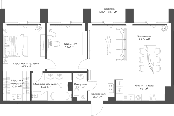 Планировка: Евротрёшка 90,3 м² в ЖК «Опус»