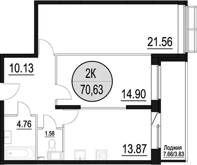 Планировка: 2-комнатная квартира 66,8 м² в ЖК «Солнечный Парк»