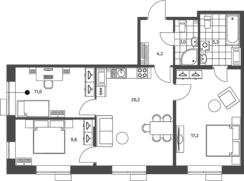 Планировка: Квартира евро-4 70,7 м² в ЖК «Парусная 1»