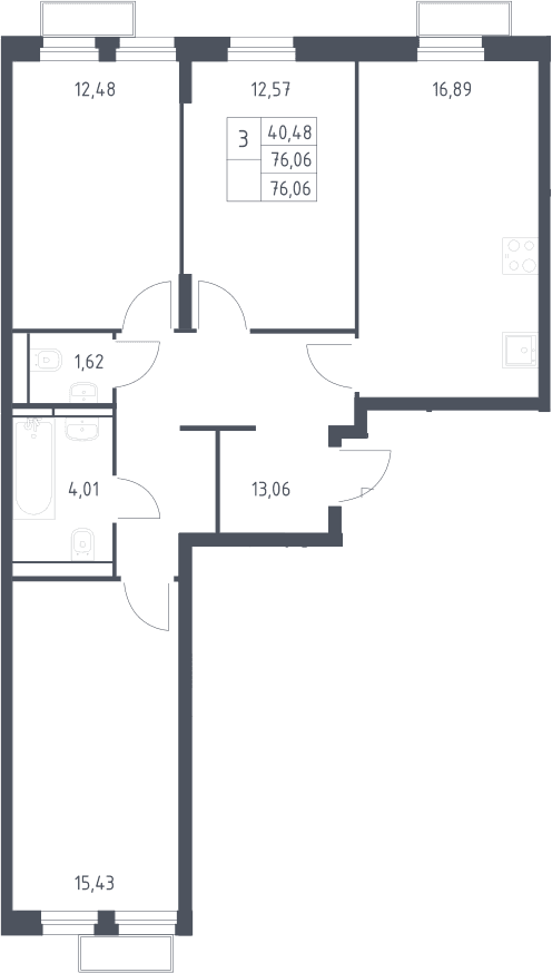 Планировка: 3-комнатная квартира 76,1 м² в ЖК «Квартал Строгино»