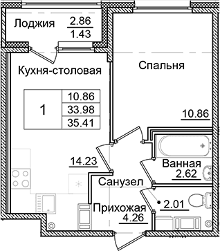 Планировка: 1-комнатная квартира 34 м² в ЖК «Квартал Заречье»