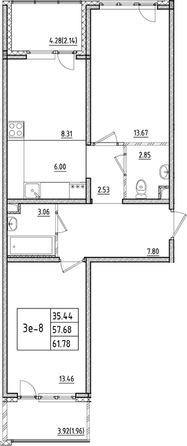 Планировка: Евротрёшка 57,7 м² в ЖК «ЛесАрт»