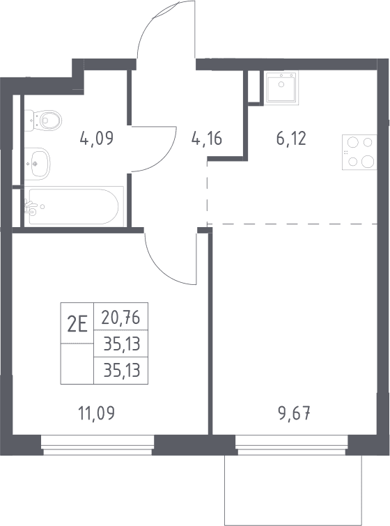 Планировка: Евродвушка 35,1 м² в ЖК «Мытищи Парк»