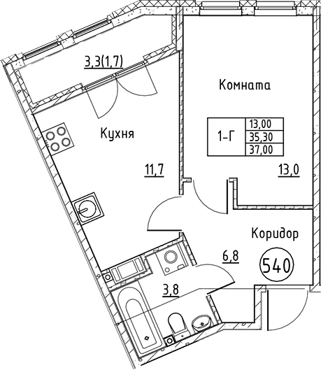 Планировка: 1-комнатная квартира 35,3 м² в ЖК «Кронунг Юг»