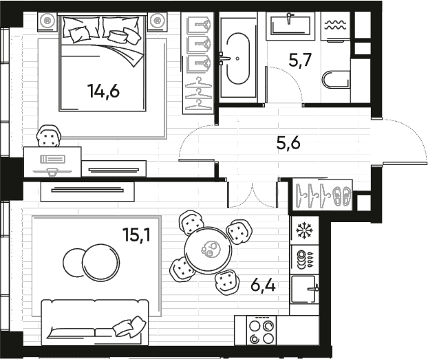 Планировка: Евродвушка 47,4 м² в ЖК «ПРАЙД»