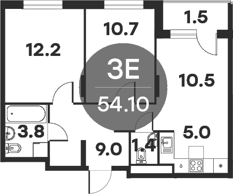 Планировка: Евротрёшка 52,6 м² в ЖК «Равновесие»