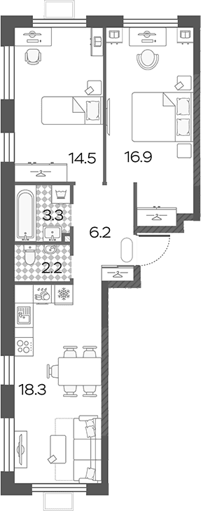 Планировка: Евротрёшка 61,6 м² в ЖК «Лучи»