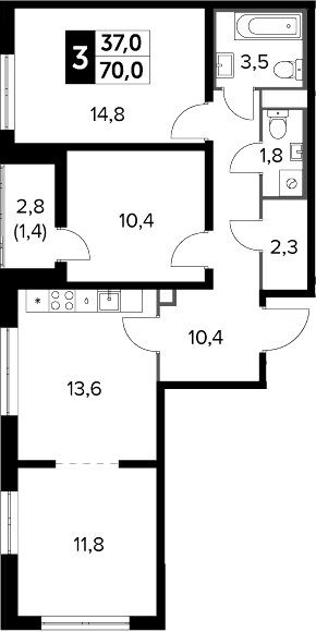 Планировка: Евротрёшка 69,8 м² в ЖК «Южная Битца»