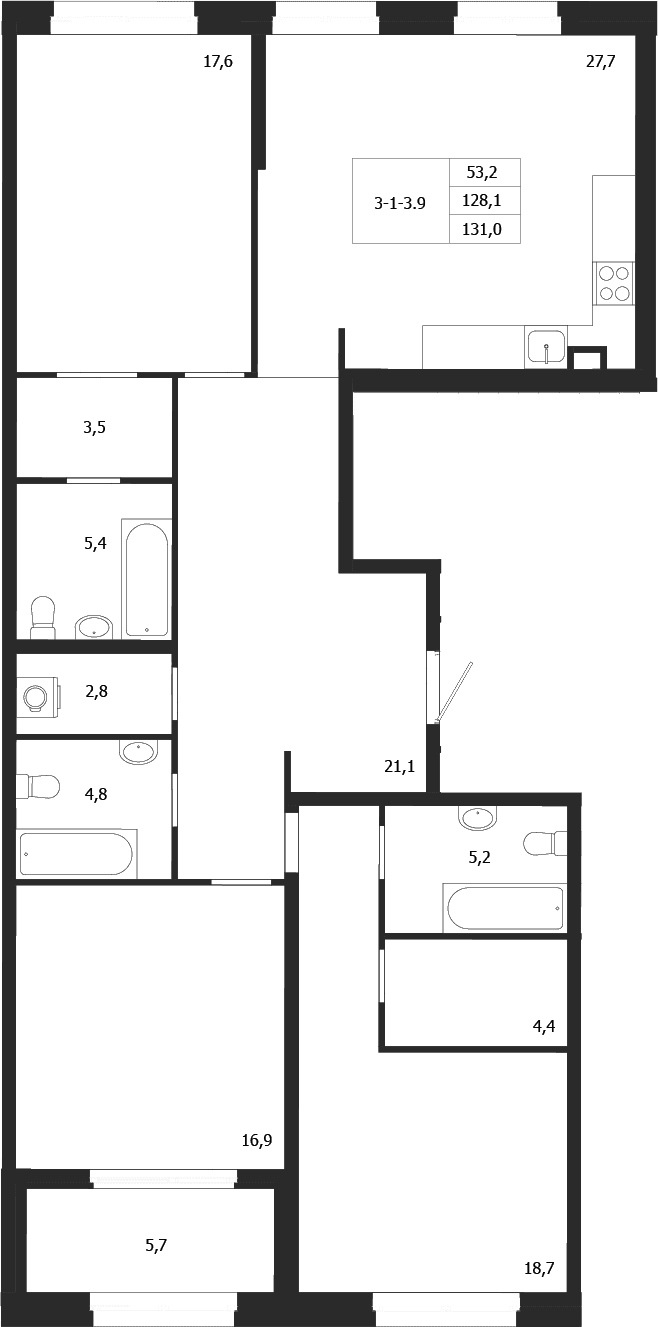 Планировка: 3-комнатная квартира 128,2 м² в ЖК «ЛДМ»