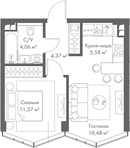 Планировка: Евродвушка 35,8 м² в ЖК «МИРА»