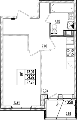 Планировка: 1-комнатная квартира 34,9 м² в ЖК «Ново-Антропшино»