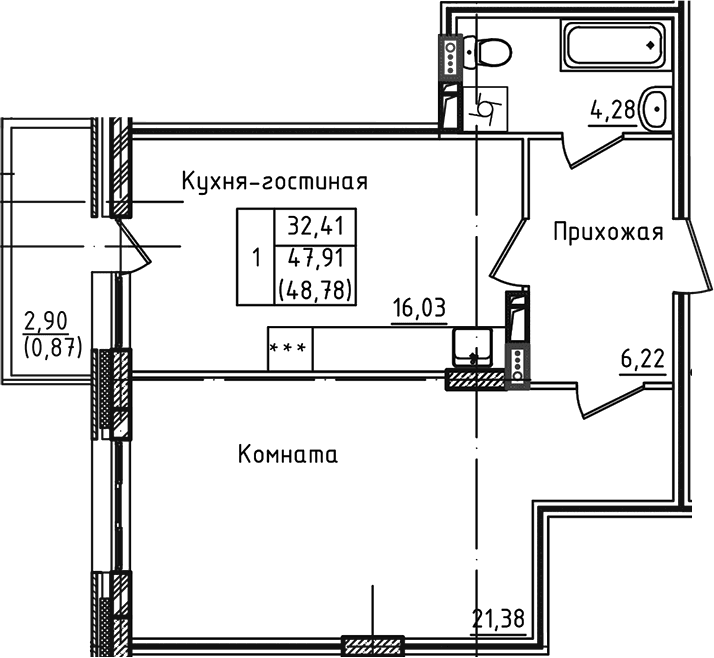 Планировка: Евродвушка 47,9 м² в ЖК «Зеленый город»