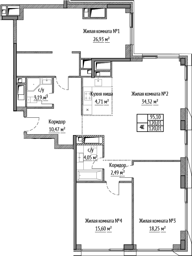 Планировка: Квартира евро-4 120,1 м² в ЖК «ВЭРИ на Ботанической»