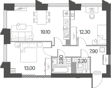 Планировка: Евротрёшка 57,3 м² в ЖК «Обручева 30»
