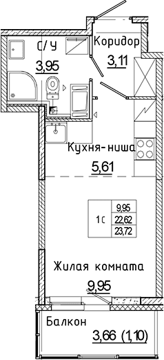 Планировка: Студия 22,6 м² в ЖК «Аквилон Янино»