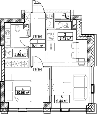Планировка: Евродвушка 38,9 м² в ЖК «Сити Бэй»