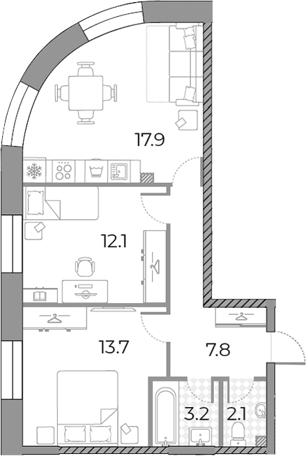 Планировка: Евротрёшка 56,8 м² в ЖК «ЗилАрт»