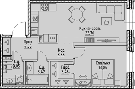 Планировка: Евродвушка 53,9 м² в ЖК «Сампсониевский, 32»