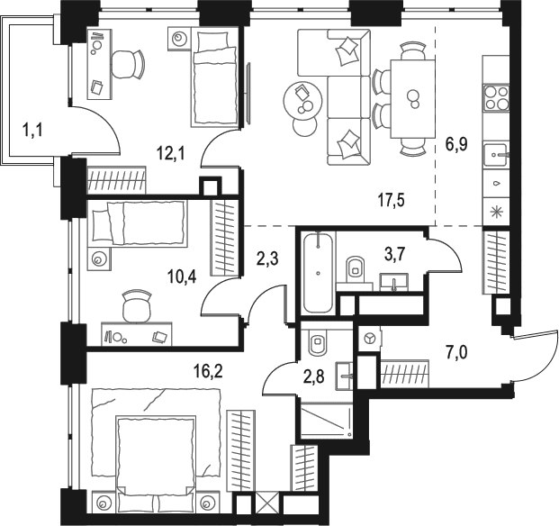Планировка: Квартира евро-4 78,9 м² в ЖК «Левел Звенигородская»