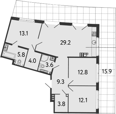 Планировка: Квартира евро-4 93,7 м² в ЖК «МИРЪ»