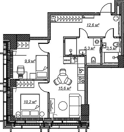 Планировка: Евротрёшка 57,1 м² в ЖК «Веер»