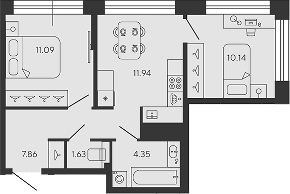 Планировка: 2-комнатная квартира 47 м² в ЖК «BASHNI ELEMENT»
