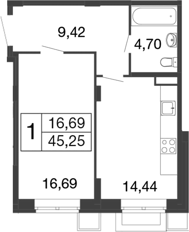Планировка: 1-комнатная квартира 45,3 м² в ЖК «Времена года»