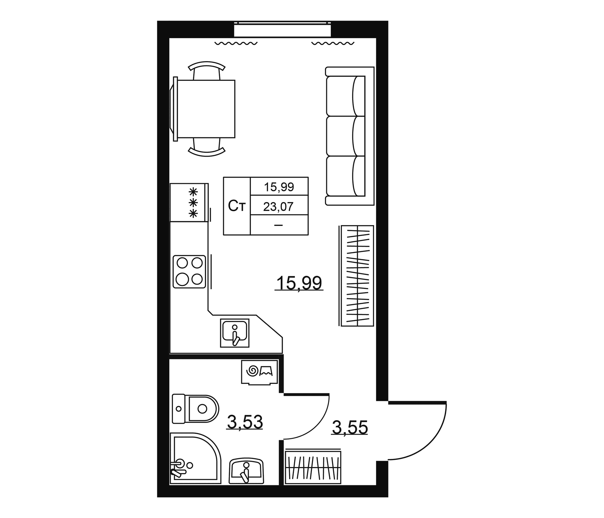 Планировка: Студия 23,1 м² в ЖК «Пулковское, 34»