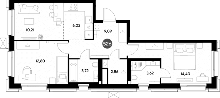 Планировка: Евротрёшка 62,7 м² в ЖК «ЭВО»