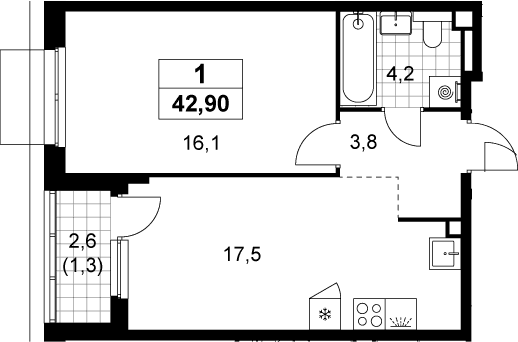 Планировка: Евродвушка 41,6 м² в ЖК «Деснаречье»