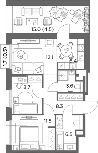 Планировка: Евротрёшка 57,1 м² в ЖК «Станиславский»